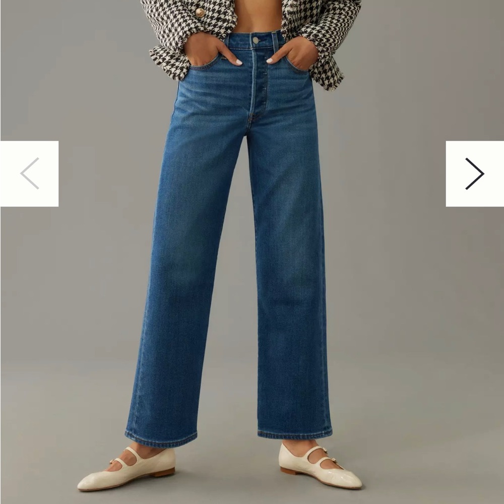 Levis's Ribcage Straight High Rise Cropped Wide Dark Wash Denim Jeans Size 30